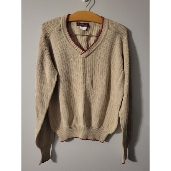 Evan-Picone Vintage Womens V-Neck Sweater Tan Red Trim M - Picture 1 of 5